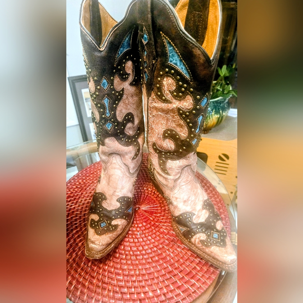 Corral Turquoise Overlay Leather Cowboy Boots Sz 6